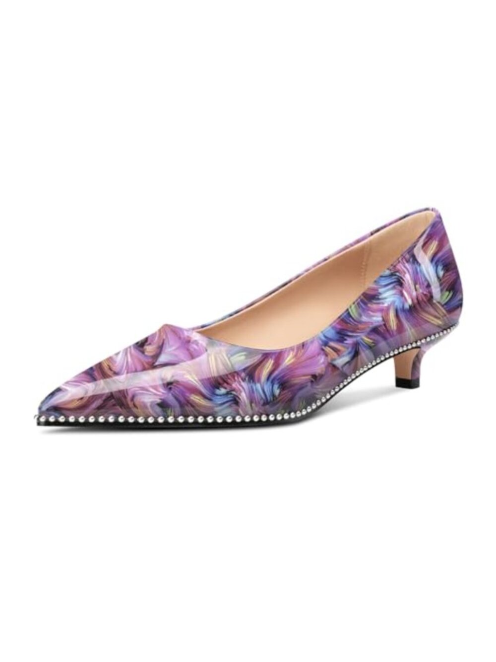 Womens Low Heel Pointed Toe Pumps Beaded Kitten Heels Slip-On Office Dress Shoes